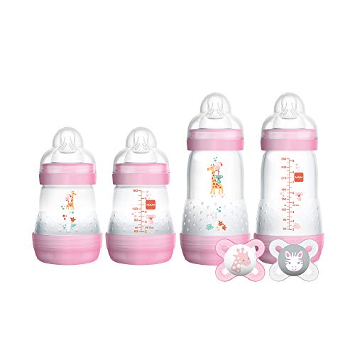 MAM Newborn Essentials "Feed & Soothe" Set (6-Piece), Easy Start Anti-Colic Baby Bottles, 0-2 Month Pacifier, Baby Shower Gifts for Baby Girl, Purple