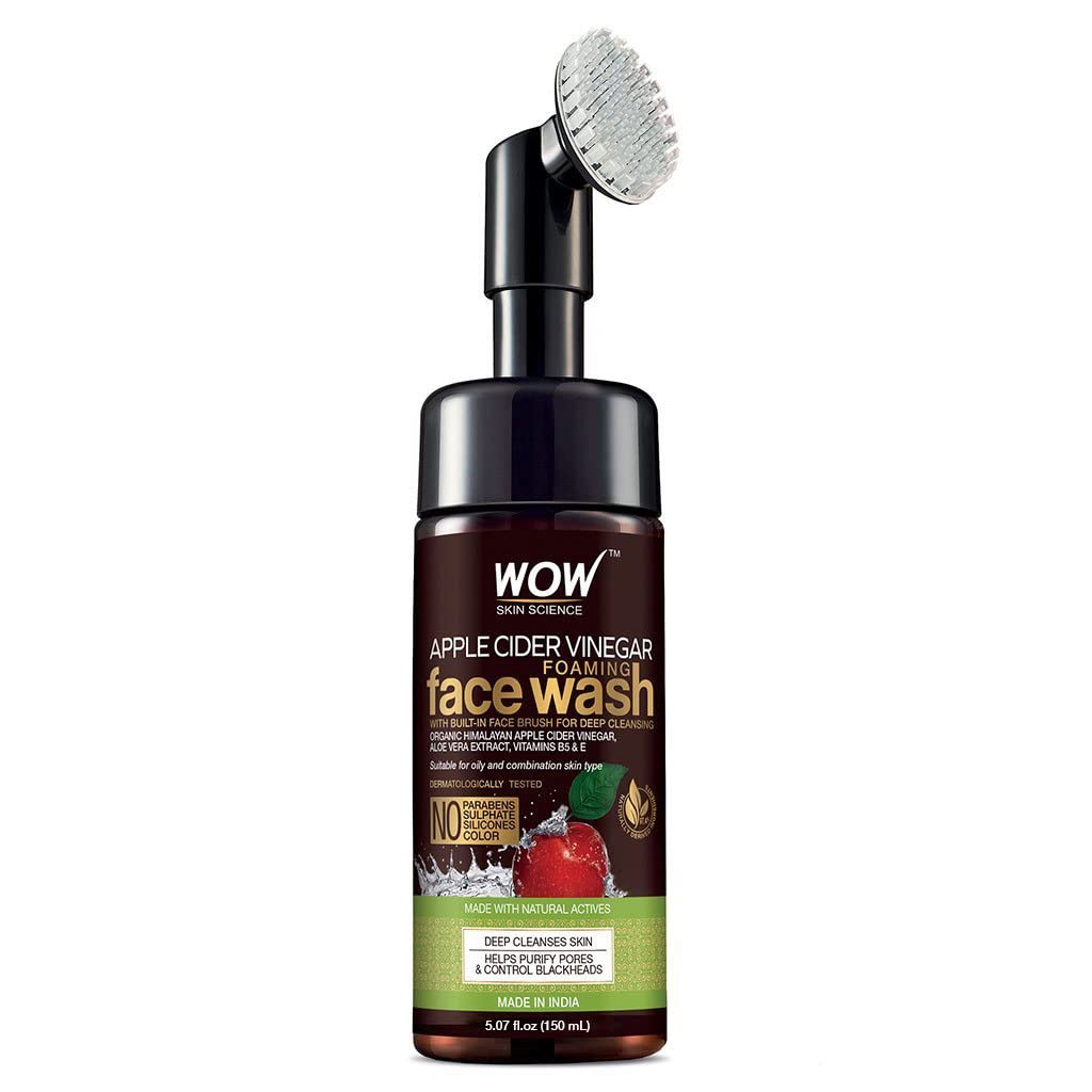 WOW Skin Science Apple Cider Vinegar Foam Exfoliating Face Wash & Brush – Facial Cleanser Acne Face Wash for Women & Men – Face Wash Oily Skin Gentle Face Cleanser – Natural Face Wash Sensitive Skin