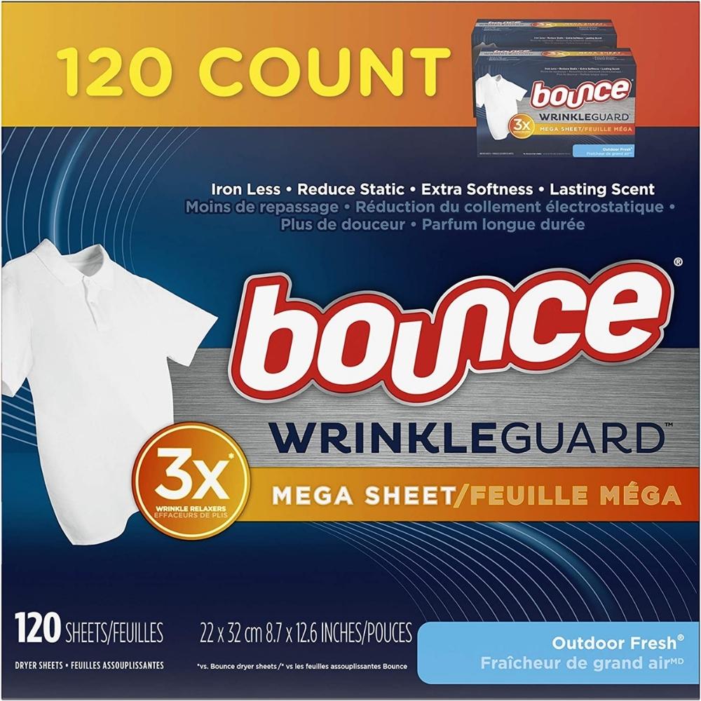 Bounce WrinkleGuard Mega Dryer Sheets, Fabric Softener and Wrinkle Releaser Sheets, Outdoor Fresh Scent, 120 Count (Pack of 2, 60 Count Each)