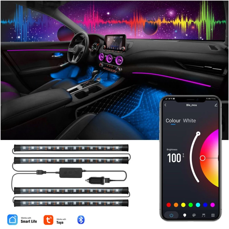 Car Decoration Light Interior Atmosphere Light RGB LED Strip Light With USB Wireless Remote Music Control Multiple Modes