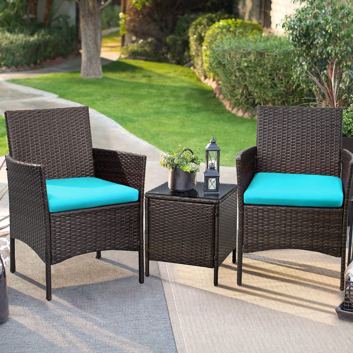 Devoko Patio Porch Furniture Sets 3 Pieces PE Rattan Wicker Chairs with Table Outdoor Garden Furniture Sets (Brown/Beige)