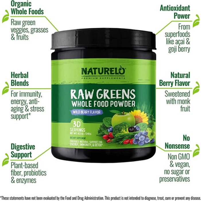 NATURELO Raw Greens Superfood Powder – Wild Berry Flavor – Boost Energy, Detox, Enhance Health – Organic Spirulina – Wheat Grass – Whole Food Nutrition from Fruits & Vegetables – 30 Servings