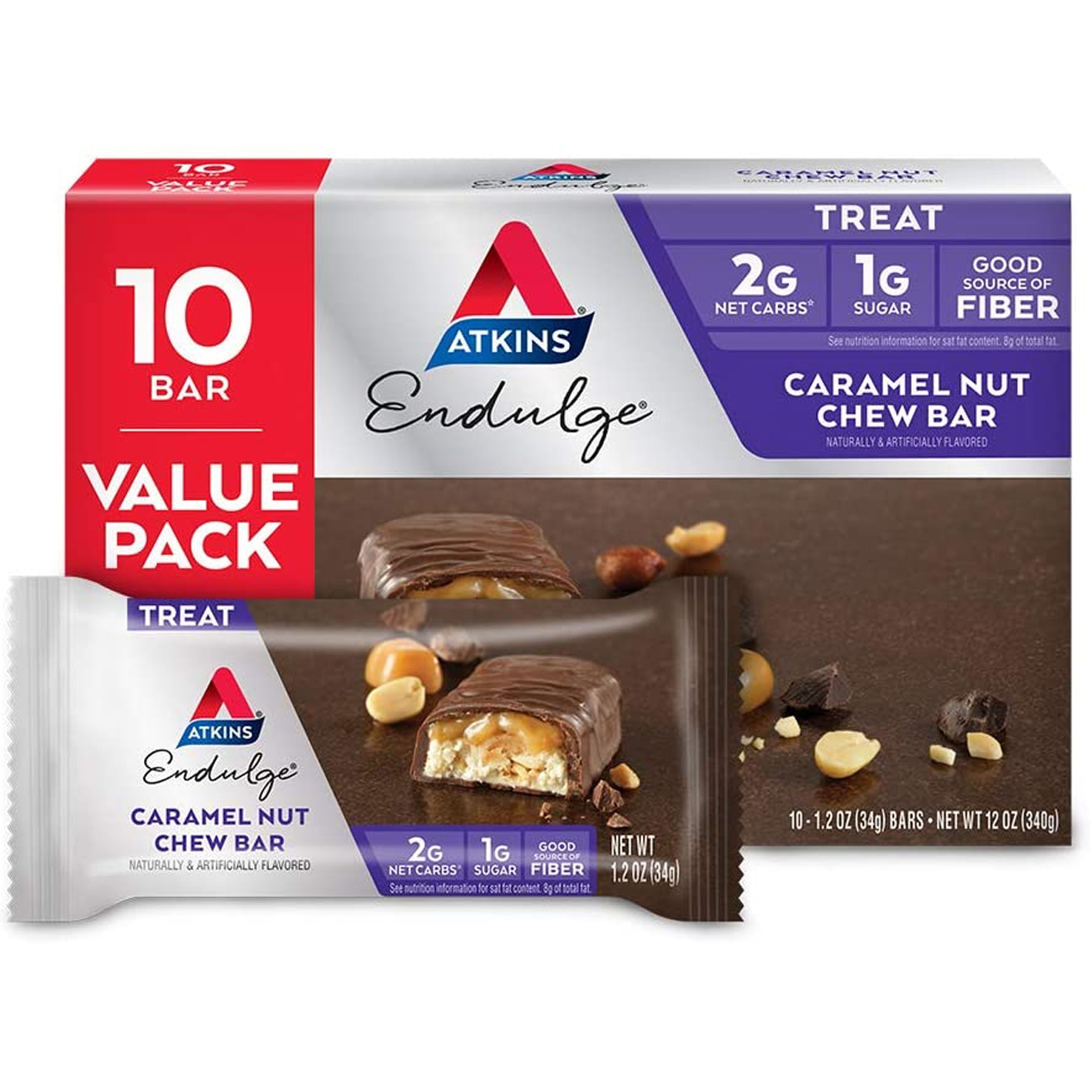 Atkins Indulge Treat, Caramel Nut Chew Bar, Keto Friendly, 10 Count (Value Pack)