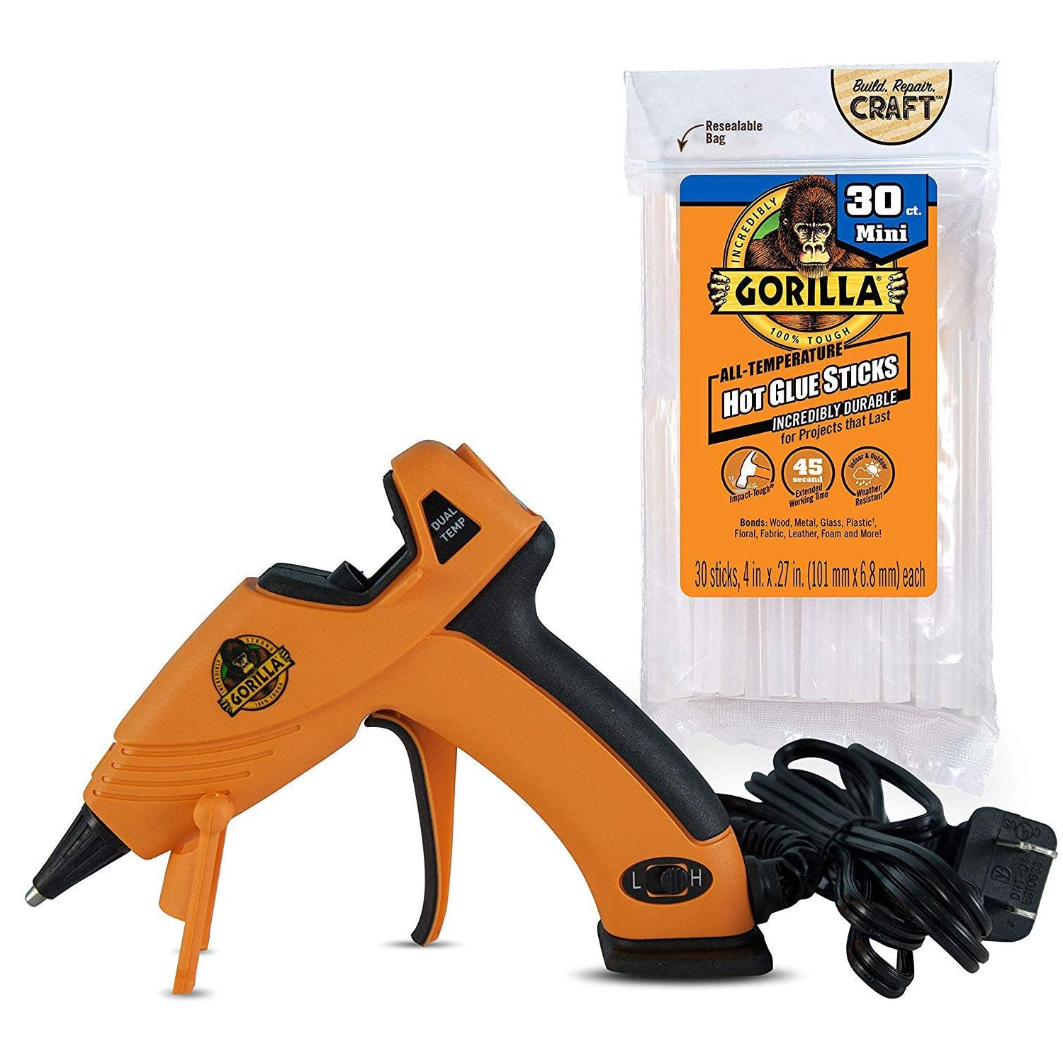 Gorilla Dual Temp Mini Hot Glue Gun Kit with 30 Hot Glue Sticks